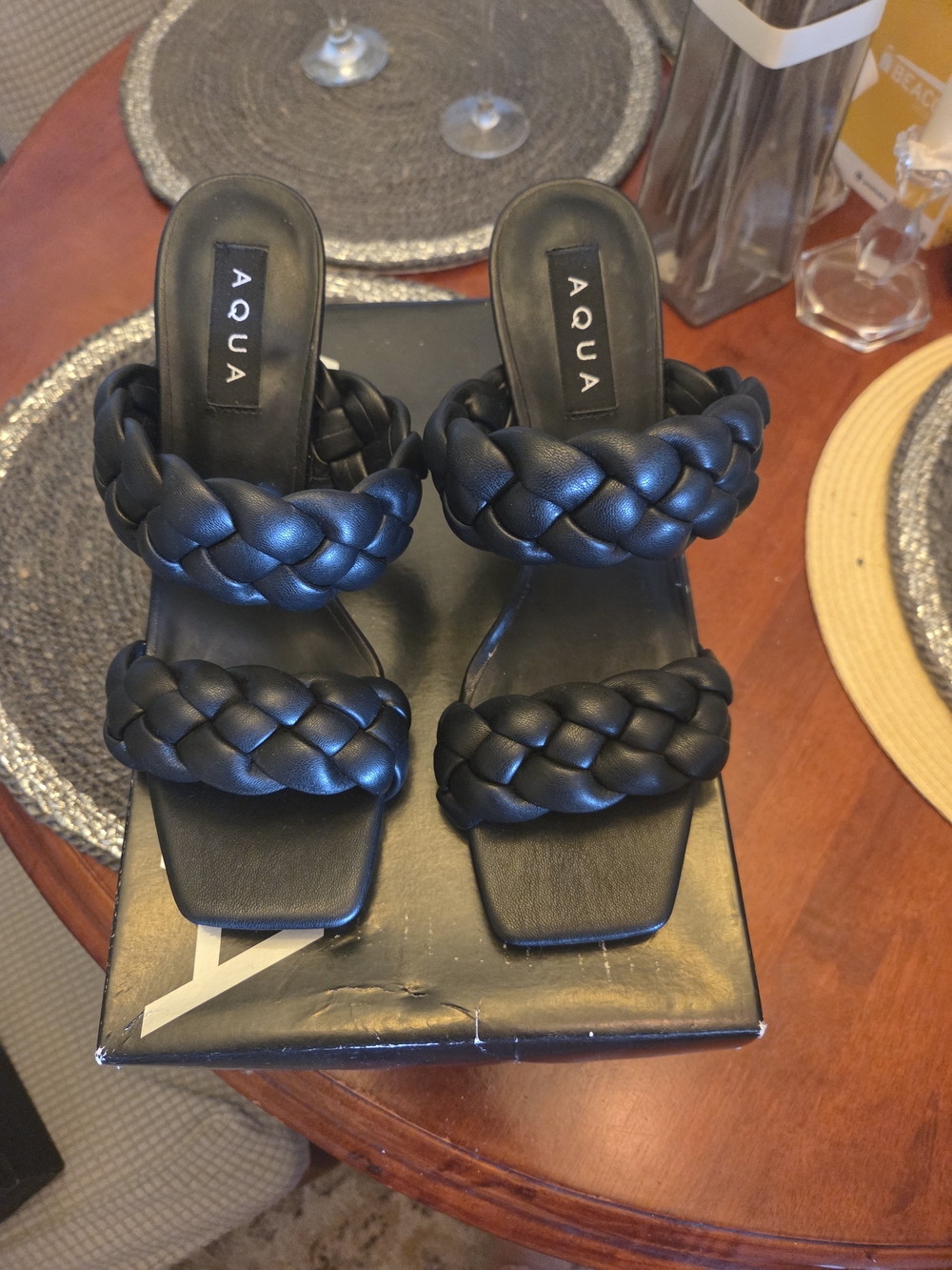 AQUA Black Braided Slide Sandals